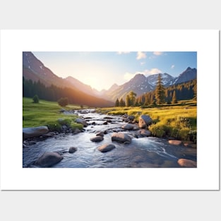 Mountains River Serene Landscape Inspire Posters and Art